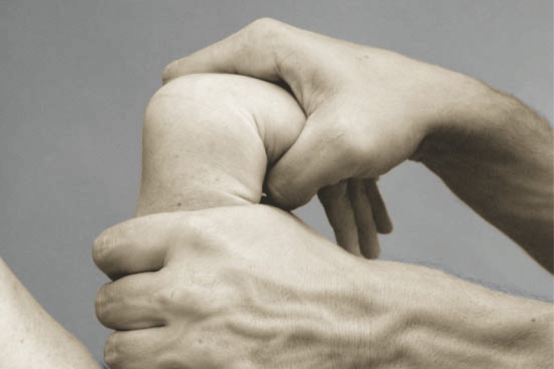 Nahaufnahme der Hände zweier Personen, einer Person greift mit beiden Händen fest den Arm der anderen