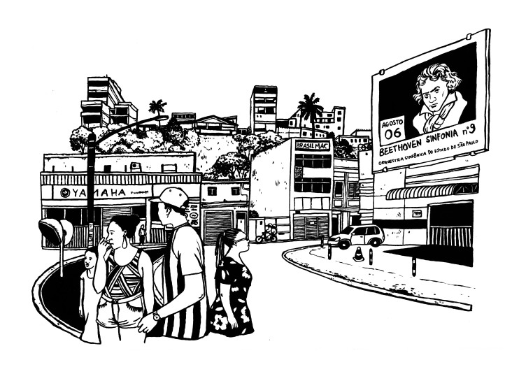 Schwarzweiß-Zeichnung: Man sieht eine Straßenszene in Sao Paolo, eine Familie im Vordergrund, eine Straße und Gebäude im Hintergrund am rechten Rand ein Reklameschild mit der Aufschrift "beethovens 9. Sinfonie"