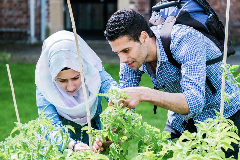 Zwei Personen betrachten Plfanzen in einem Garten